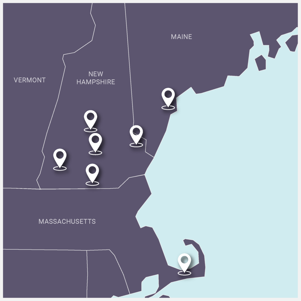 a map of new england with location marker icons on each city where shaheen & gordon offices located